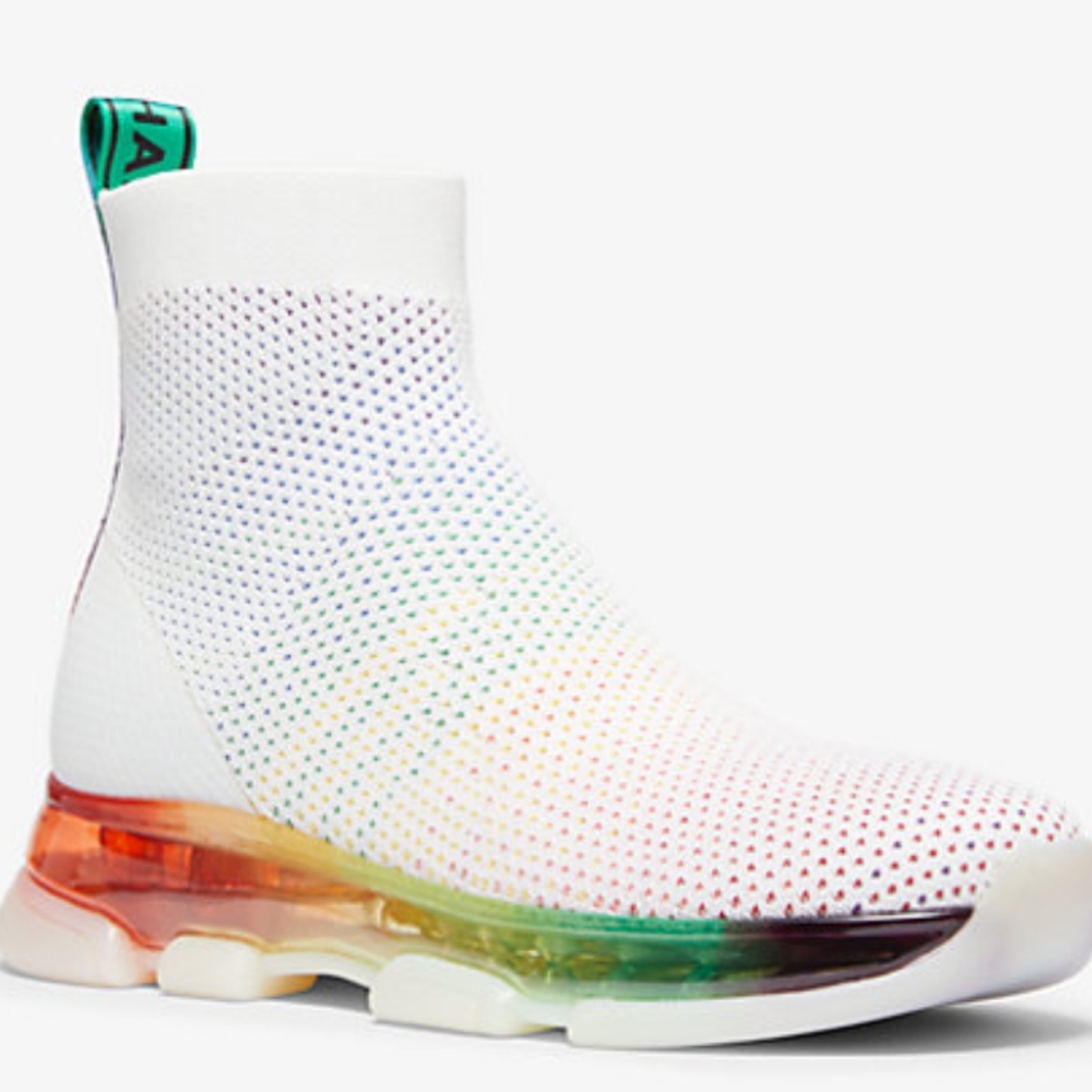Michael Kors Kendra Stretch Knit Sock Sneaker, white with rainbow sole